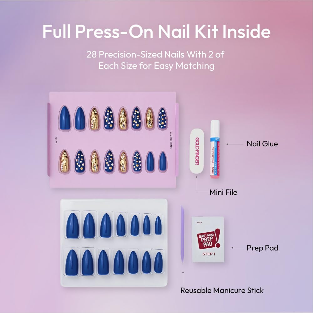 Glitzy 3D Handmade Press On Nail Kit, Rhinestone Gem Blue Gold Chrome Long Almond False Nail, Reusable & Lasts Up To 2 Weeks, Seamless Snug Fit Technology, Includes Glue, File & 28Pcs Manicure Set