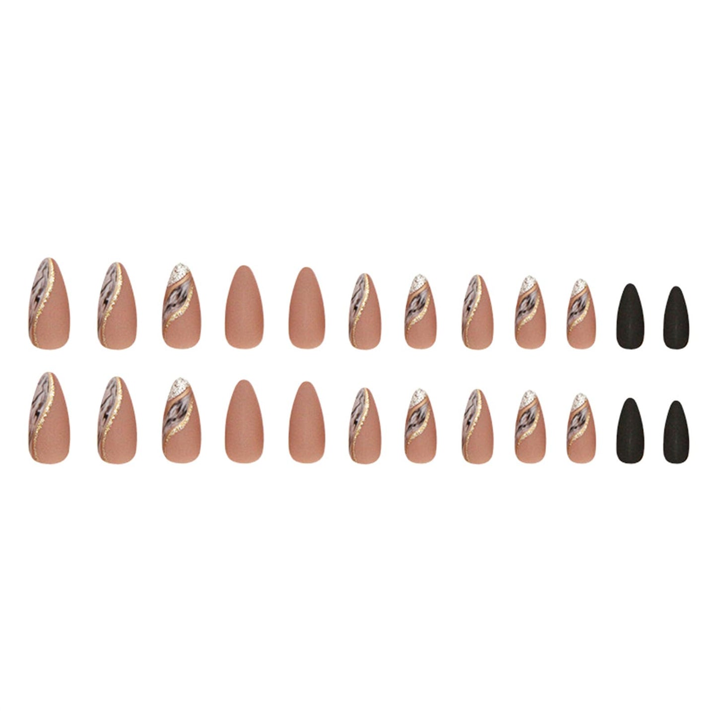 Almond Press on Nails Medium Fake Nails Nude False Nails with Designs Gold Glitter Line Glue on Nail Marble Full Cover Acrylic Nails Brown Matte Stick on Nail for Women 24 Pcs
