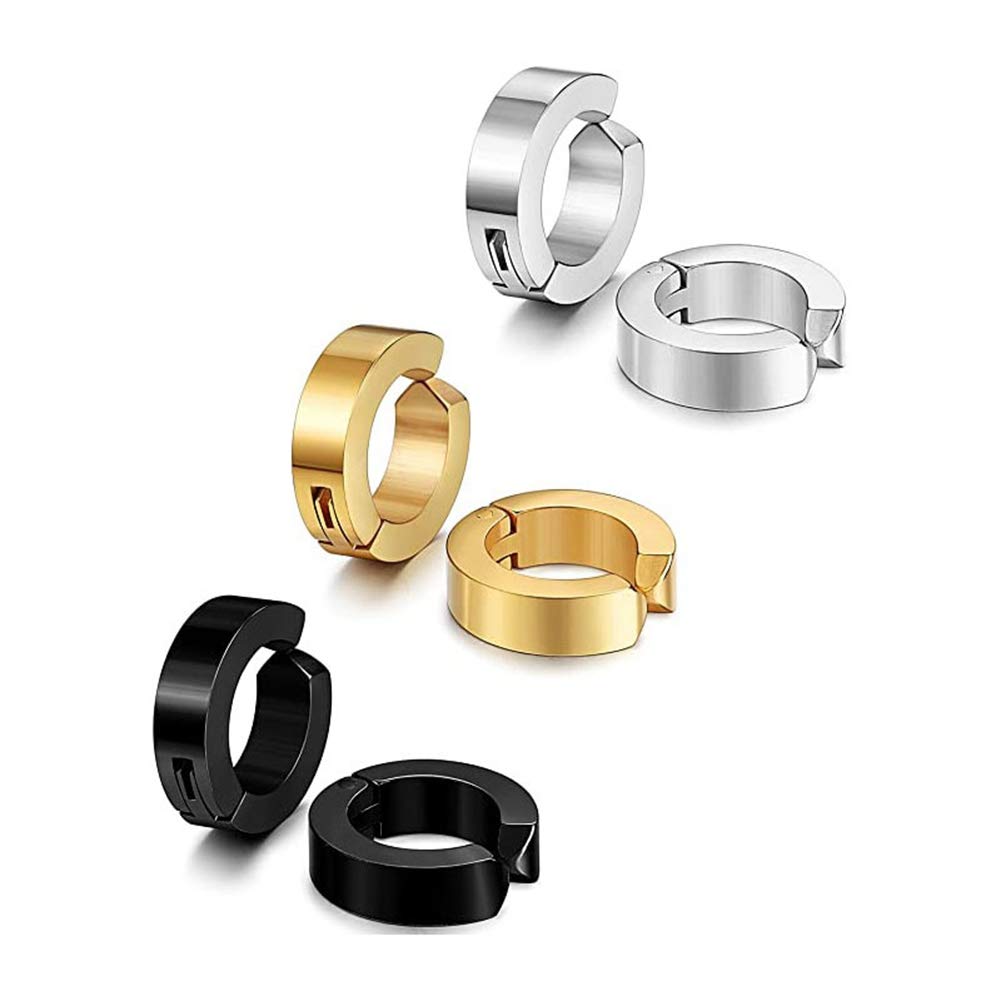 3 Pairs Non-Piercing Earrings for Mens Womens Stainless Steel Clip On Hoop Earrings