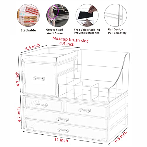 Cq acrylic 2 Pack Clear Make up Organizer Countertop,Stackable 5 Drawers Makeup Storage,Cute Vanity Organizers for dresser Hair Clip,Jewelry,Beauty Product Desk and Bathroom Organizers and Storage - size: 5 Drawers