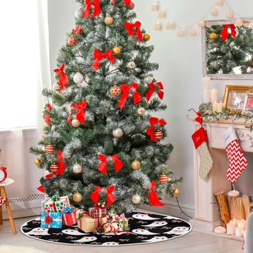 Dussdil Halloween Christmas Tree Skirt Decoration, Large Tree Skirt Ornament 48 Inch with Halloween Ghost Bow Xmas Tree Skirts Seasonal Round Tree Stand Mat for House Party Indoor Home Office Decor