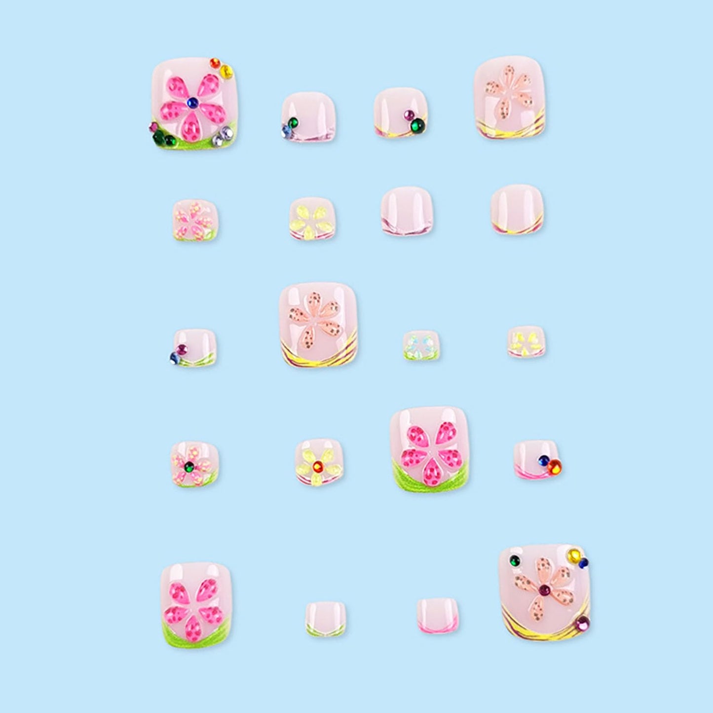 RUOKEXIN Short Press on Toenails French Tip Fake Toenails with 3D Flower Rhinestones Designs Square Toe Nail Press ons Glossy Artificial Nails for Women 24Pcs