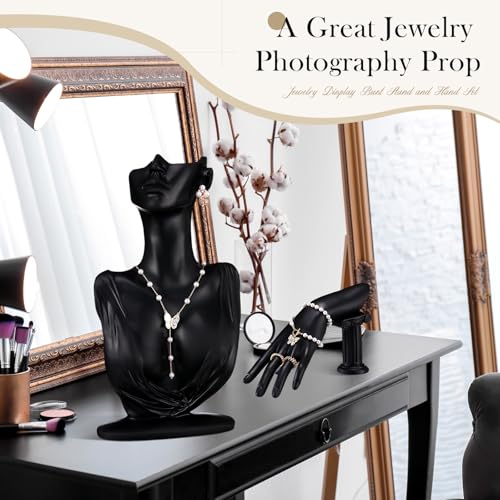 Yalikop 2 Pcs Jewelry Mannequin Display Set Necklace Bust Mannequin Earring Stand Hand Bracelet Ring Stand for Selling Show - color: Black