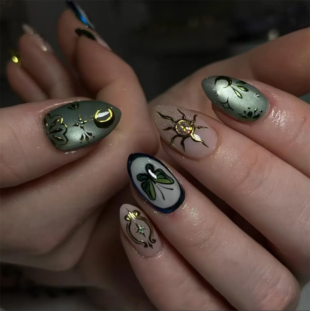 4 Packs Flower Press on Nails 114 Pcs Short Almond Spring Fake Nails with Designs Medium Almond Colorful 3D False Nails Flower Butterfly Spring Summer for Women
