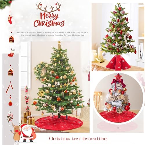 Christmas Tree Skirt Red Faux Fur with Silver Sequin Snowflakes 48 Inch Large Red Thick Xmas Plush Tree Skirt Ornaments