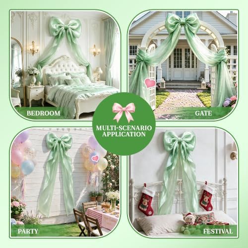 Big Satin Bow Coquette Room Decor, 16x79 Inch Large Christmas Bows for Birthday Decorations, Christmas Tree Topper, Girl Room Decor, Bachelorette, Wedding, Baby Shower, Front Door, Wreath (Green)