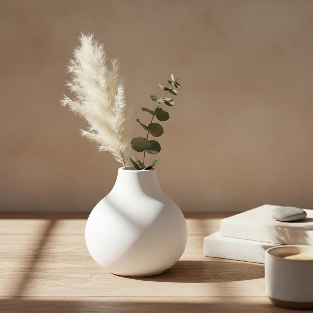 Carrot's Den White Round Vase - Minimalist Nordic, Japandi, Mid Century Modern Home Decor | Table Centerpiece, Wedding, Living Room, Bookshelf, Office, Modern Home, Entryway, Console (White)