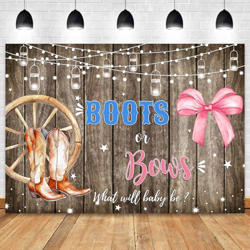 Sensfun Boots or Bows Gender Reveal Backdrop Boy or Girl Baby Shower Party Decorations Rustic Wooden Cowboy Boots Pink Bow Photography Background Western Gender Reveal Banner Photo Booth Props 10x7ft - size: 10x7ft
