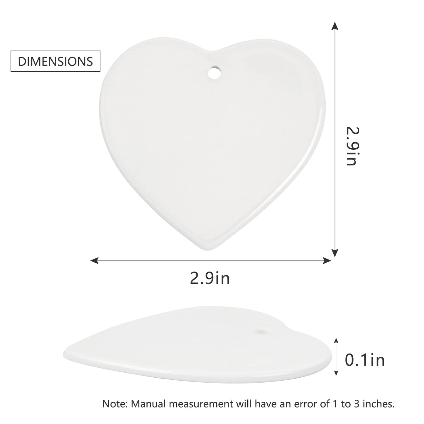 MAIKESUB 10 PCS Sublimation Blank Ceramic Ornament Heart Shaped Ornament 2.9 Inch White Heart Shapet with red String for Crafting Christmas Tree Decor for DIY Personalized Home Decor Bulk
