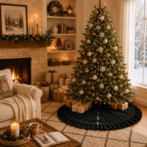 Christmas Tree Skirt,Velvet Tree Skirt with Ruffled Edge, Classic Large Velvet Fur Plush Tree Skirt for Merry Christmas(Black,36Inch)