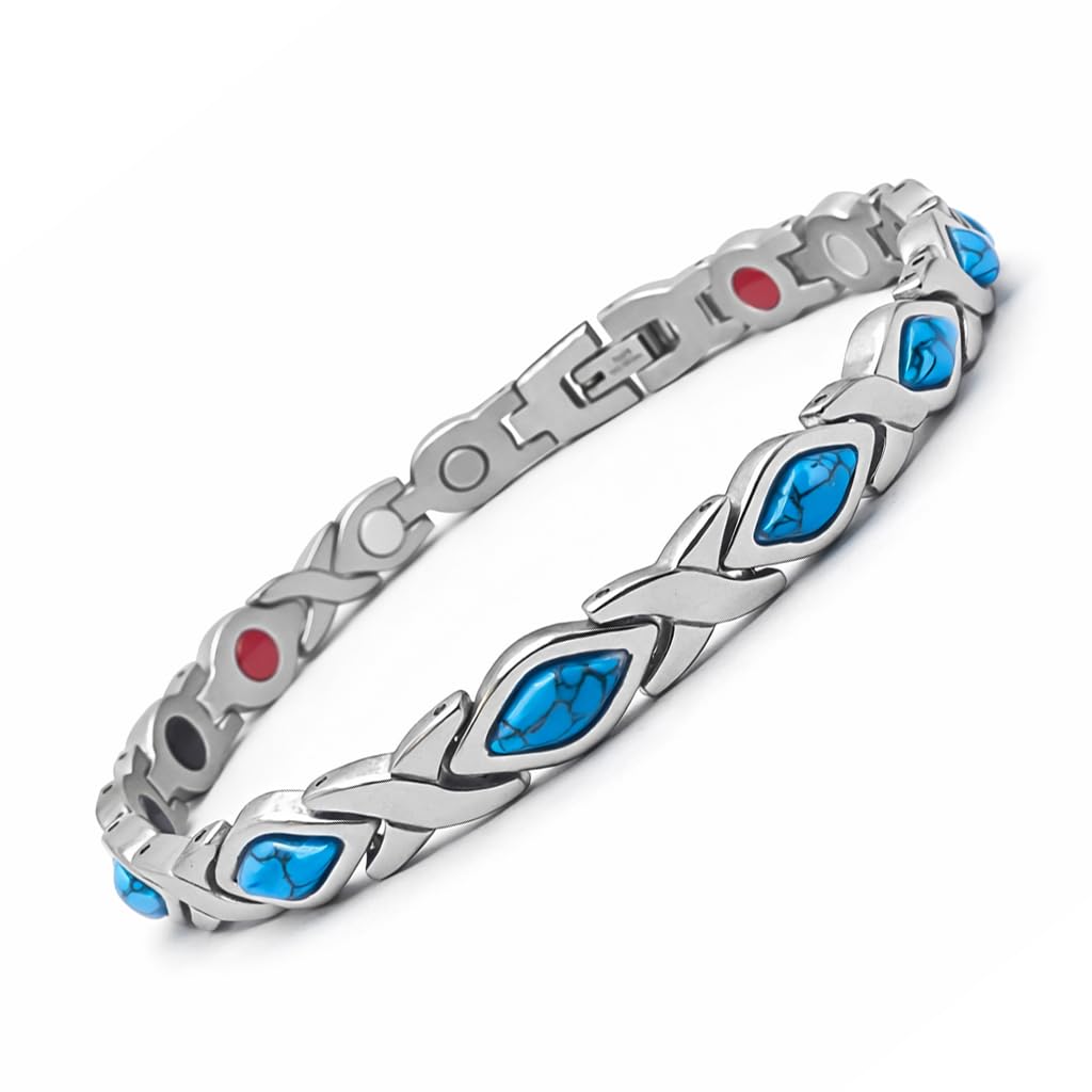 38 Elegant Stainless Steel Blue zircon Magnetic Bracelet for Women Magnetic Functions with Free Link Removal Tool Mother's gift (Silver Hug With Bule Ziron)