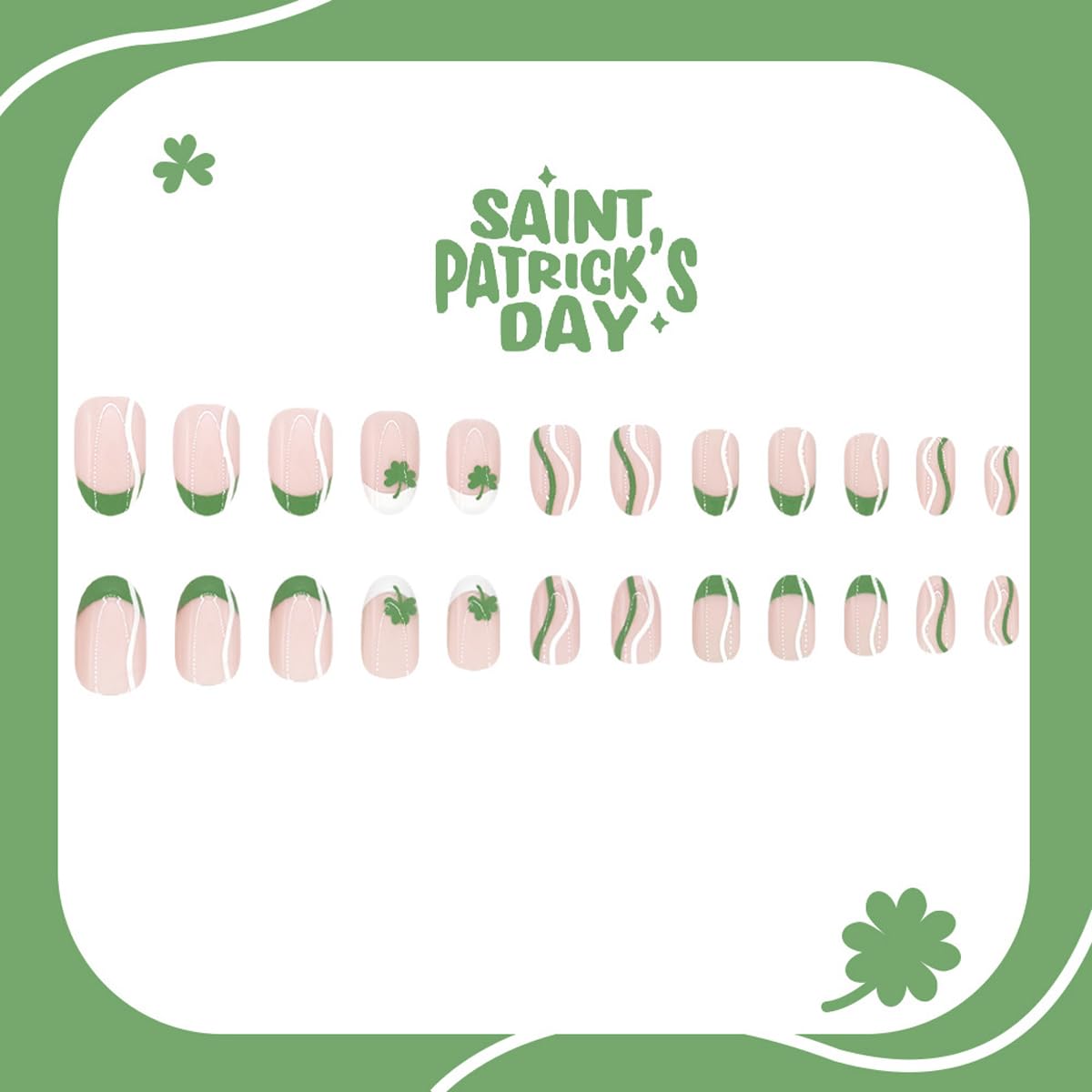 St. Patrick's Day Press on Nails Medium Oval Fake Nails Green French Tip Glue on Nails Press ons with Striped, Clover Design,St. Patrick's Day Nail Full Cover Stick on Nails for Women Manicure 24Pcs