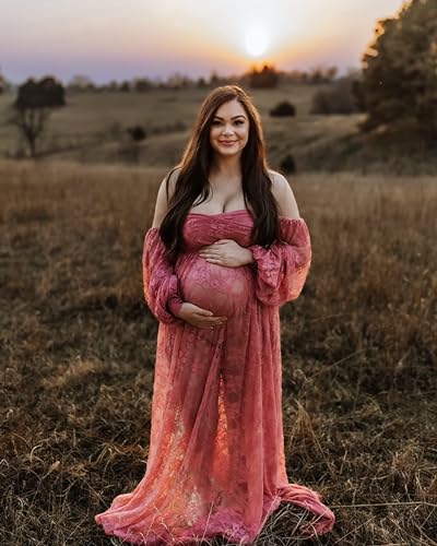 Saslax Soft Stretchy Lace Off Shoulder Doubly Split A-line Skirt Maternity Dress Pregnancy Maxi Gown for Photoshoot - color: Antique Rose, size: Large