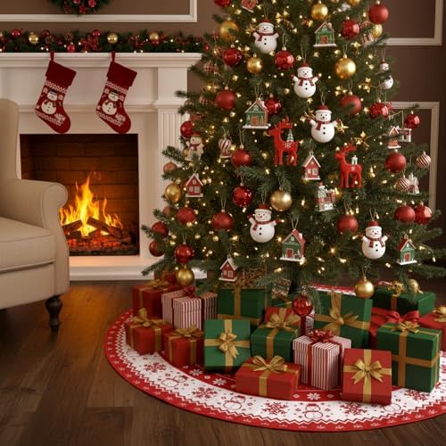 Jenaai Christmas Tree Skirt 48 Inch, Red and White Xmas Tree Mat with Winter Snowflake Snowman for Christmas Decorations Holiday Party Indoor Outdoor Home Decor