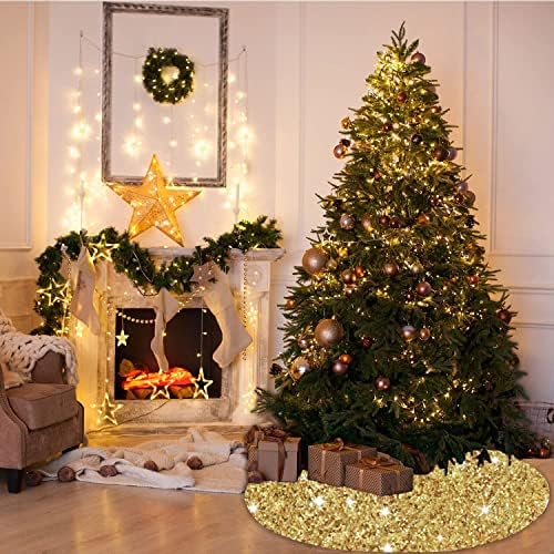 MODFUNS Gold Christmas Tree Skirts 36 Inches Sequence Christmas Tree Skirt Embroidered Christmas Tree Mats Farmhouse Round Merry Christmas Tree Skirt for New Year Birthday Ornament