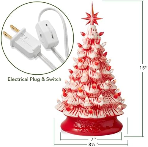 Casafield Hand Painted Ceramic Christmas Tree, Red and White Peppermint 15-Inch Pre-Lit Tree with 128 Red and Clear Lights, 2 Star Toppers