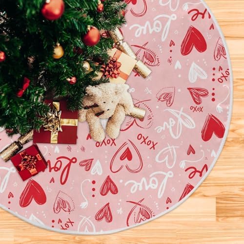 Pfrewn Valentine Tree Skirt 36" Red White Doodle Hearts Christmas Tree Skirts Mother's Day Xmas Mat for Holiday Festival Party Wedding Decor