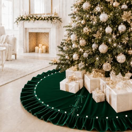 Christmas Tree Skirt,Velvet Tree Skirt with Ruffled Edge with Pearls, Classic Large Velvet Fur Plush Tree Skirt for Merry Christmas(DarkGreen,60Inch)