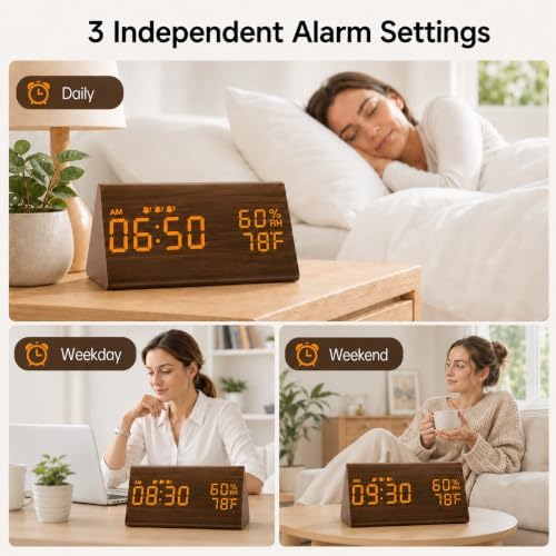 JALL Wooden Digital Alarm Clock for Bedrooms and Office, 3 Alarms with Big Digits, Humidity and Temperature Display, 6-Level Dimmer, Snooze, Loud Desk Clock for Heavy Sleepers, Plug in (Brown)