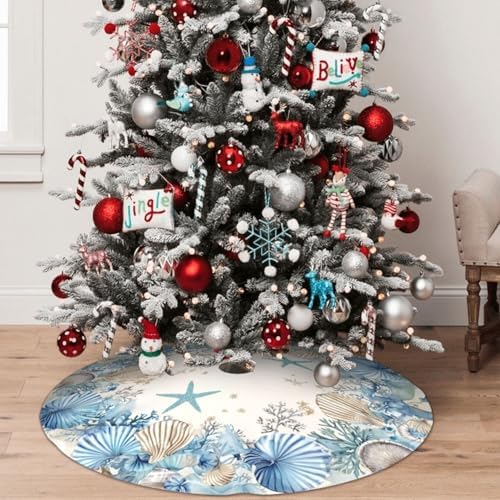 Ocean Starfish Beach Christmas Tree Skirt 36 Inch Xmas Tree Mat Party Decor Supplies for Holiday Home Decorations