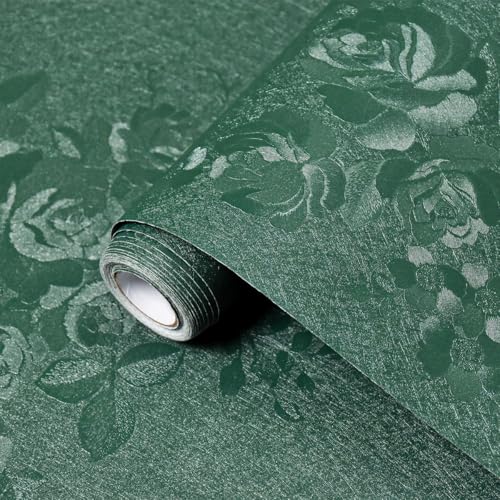 Dark Green Wallpaper Embossed Floral Peel and Stick Wallpaper 393inL78.7inW Contact Paper for Cabinet Drawers Pure Green Flower Contact Paper Textured Self Adhesive Thicken Bathroom Waterproof - color: Dark Green, size: 17.7" x 393"
