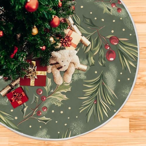 Christmas Balls Fir Holly Berry Christmas Tree Skirt Small Xmas Tree Decoration 36 inch Holiday Burlap Tree Mat Cover for 4 ft Trees