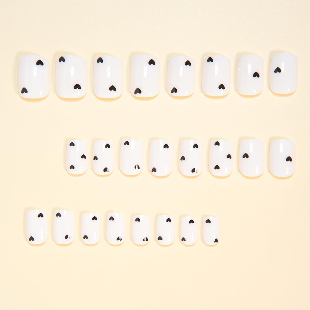 Square Press on Nails Short Glossy White Fake Nails with Black Heart Design Full Cover Winter Stick on False Nails for Women 24 Pcs