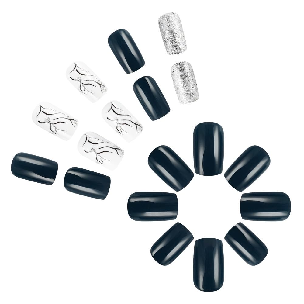 Medium Square Press On Nails Dark Blue Fake Nails Marbling With Glitter Design Full Cover Acrylic False Nails Artificial Glossy Glue On Nail Stick On Nail For Women Manicure 24pcs