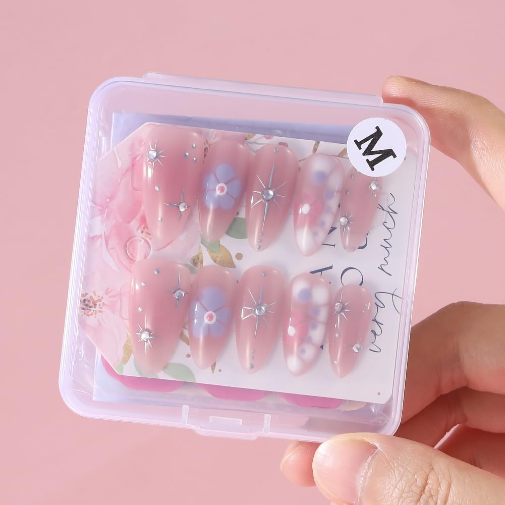 ADAIER Handmade Press On Nails, French Nails,wedding, party,Short Coffin Nails Set for Handmade,Reusable Opaque Nails in 10 Nail Kit for Women(Z-02) (Pink, S)