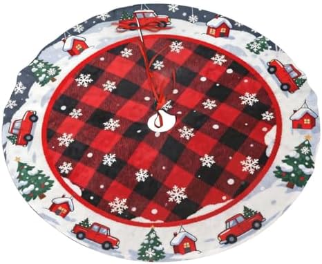 Snowflakes Car Farmhouse Buffalo Plaid Christmas Tree Skirts 48", Xmas Tree Cloth Mats Trees Skirts for Decor Gift, Home Decoration