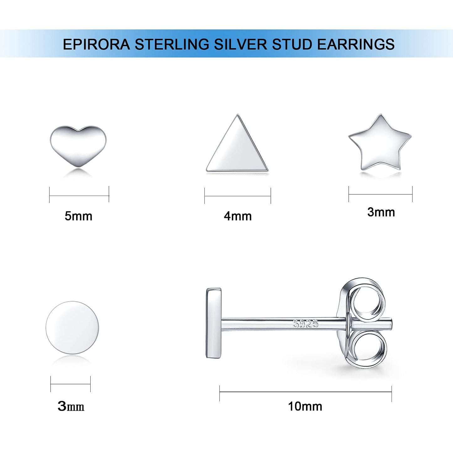 Sterling Silver Stud Earrings for Women Men- 4 Pairs of Hypoallergenic Simple Geometric Small Stud Earring Set Tiny Triangle Square Heart Star Stud Earrings Mini Cartilage Tragus Earrings, Silver
