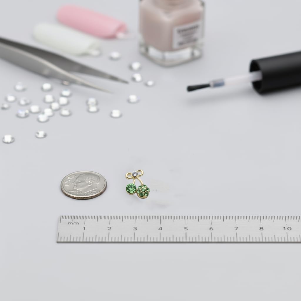 Pizadix 30PCS Cherry Nail Charms Set, 6 Styles (5 Each), Gold/Silver Alloy Rhinestone Fruit Designs, 6-Grid Organizer Box, for Gel, Acrylic & Press-On Nails