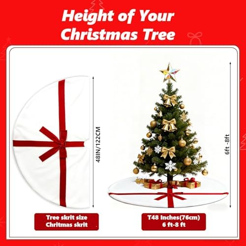 Christmas Tree Skirt 48 Inch, White Tree Skirt with Red Bow,Christmas Decorations,Xmas Tree Skirt for Home Party Holiday Indoor Outdoor Decorations (Large-48inch)