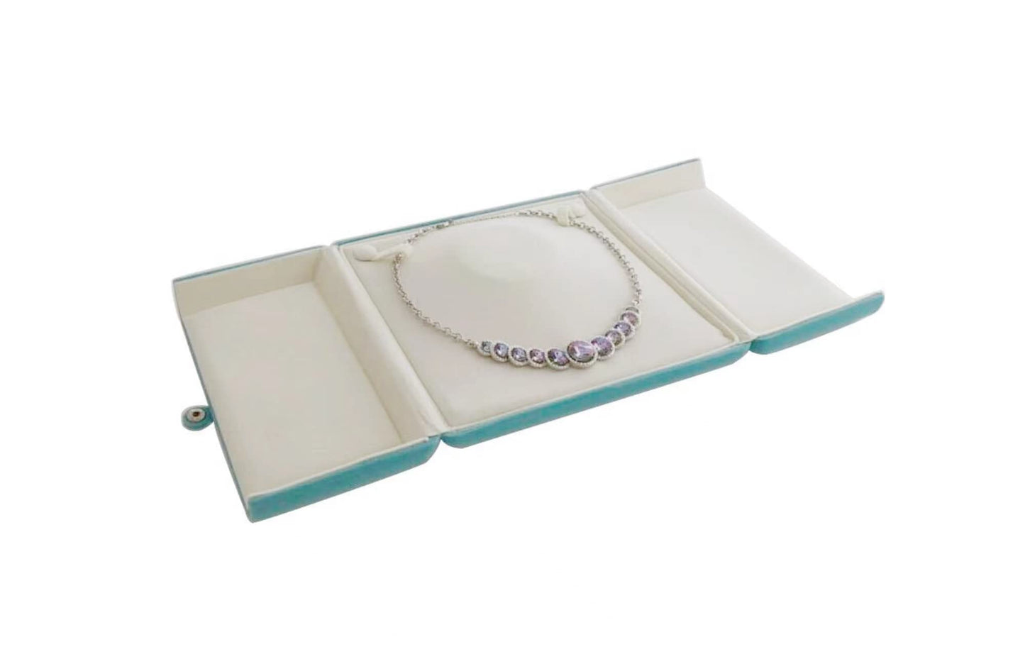 Aqua Teal Velvet Jewelry Box for Large Necklace Luxury Pearl Strand Presentation Case, Tri-Panel Flat Open Design, Button Clip Closure, Cream Velvet Interior, Gift Box for Wedding Birthday