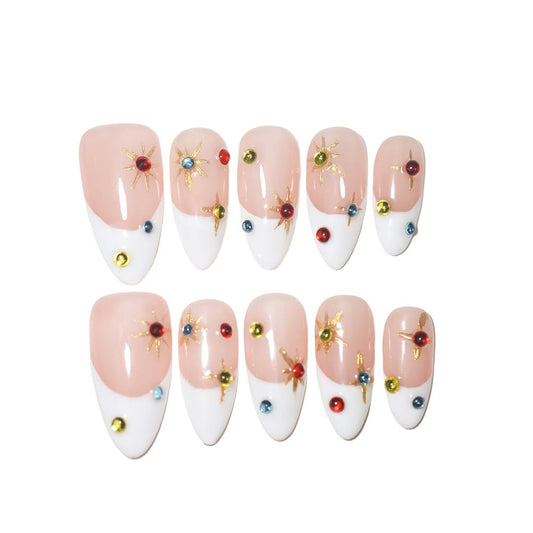 10Pcs Medium Almond Handmade Press On Nails | Nude Pink & White French Tip with Gold Starburst & Multicolor Rhinestone Decor | Reusable Salon-Quality Fake Nails for Women and Girls (L05, S)