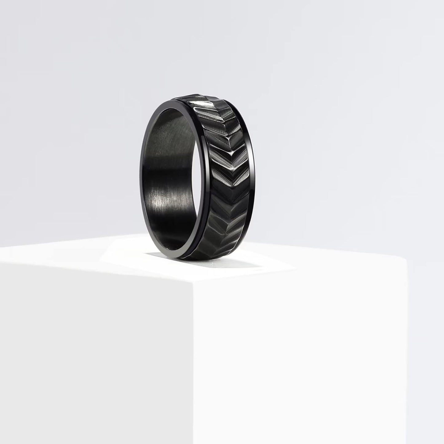 King Will Mens Black 8mm Spinner Rings Tire Stripe Groove Stainless Steel Anxiety Fidget Ring for Men 8