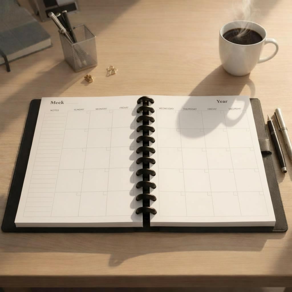 Undated Deluxe Discbound Planner in Gift Box, Letter Size PU Leather Cover – Monthly & Weekly Layout, Goal Setting, Habit Tracking, Refillable Organizer by FeroniArt (Black, Letter)