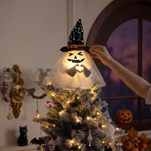 Valery Madelyn Halloween Ghost Lighted Tree Topper with Timer, 10.5 Inch Tree Topper with Spider Webs Witch Hat, Pre-Lit White Ghost Decor for Halloween Tree Decoration, Indoor Party