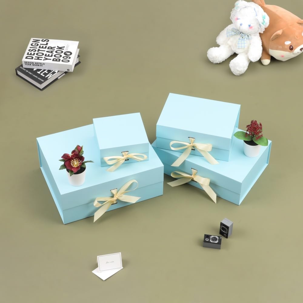 BoxSkivra Blue Extra Large Gift Box with Lid 1 Pack 19x16x6 Inch Large Gift Boxes with Crinkle Paper & Card Magnetic Gift Box with Ribbon for Wedding Dress