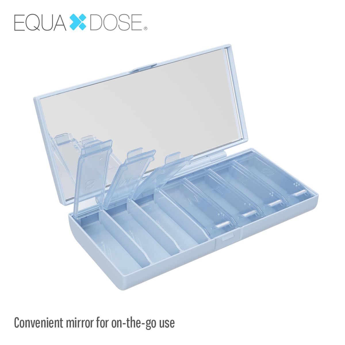 EQUADOSE Weekly Pill Case, 7-Day Medicine Organizer with Mirror, Compact Vitamin Storage Box, Pill Planner, 7 Individual Compartments for Supplements, Tablets, and Medications, Blue