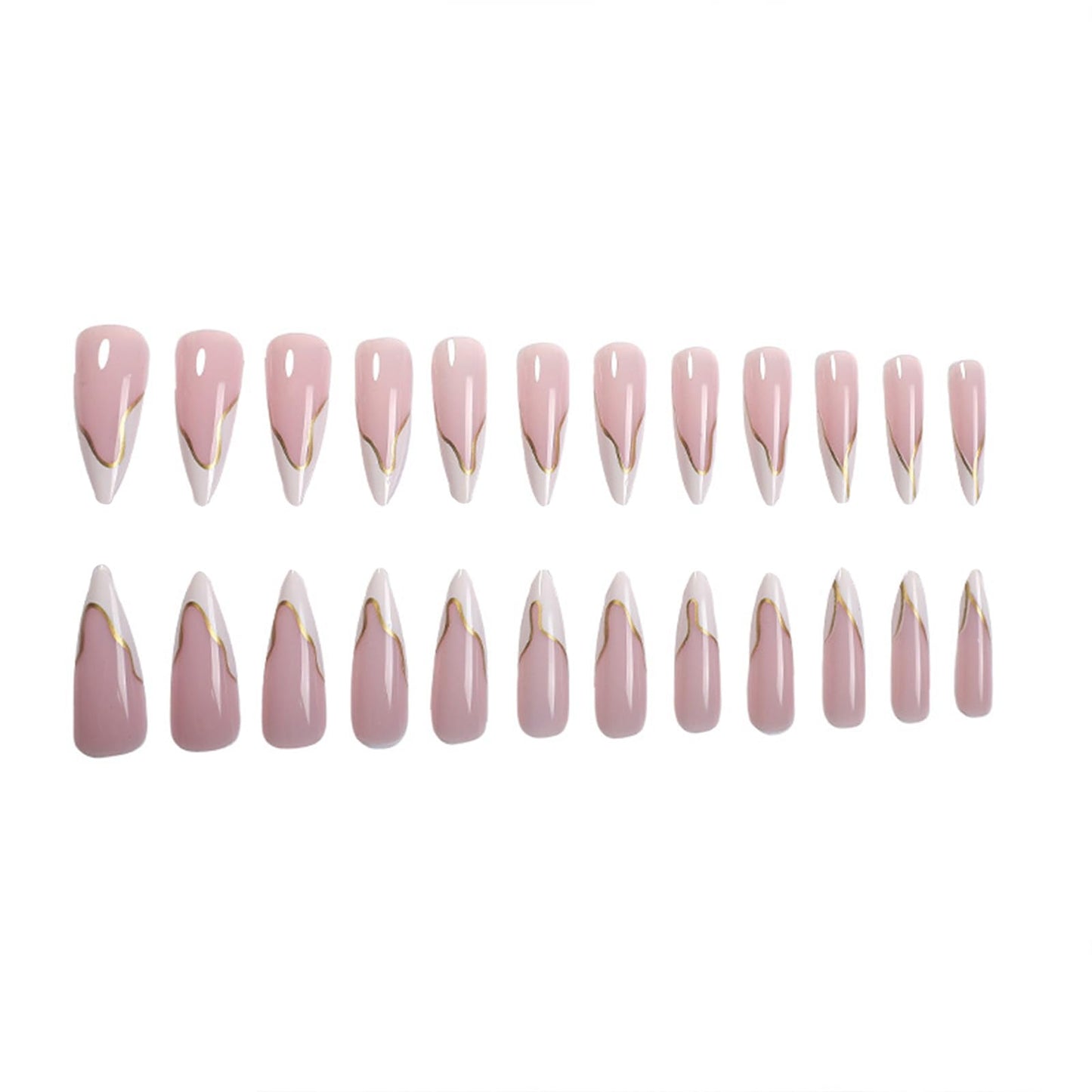 SINHOT Stiletto Press on Nails - Long Fake Nails, Glossy Finish, White French Tip & Gold Line, DIY Artificial False Nail Art - 24 Pcs Nail Kit with Glue