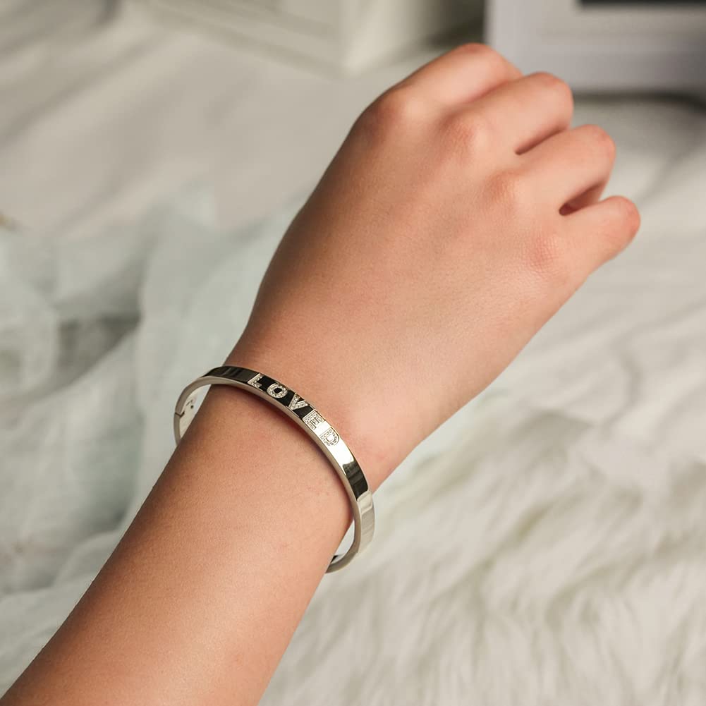 WISTIC Gold Plated Bangle Bracelet for Women, Silver Engraved Letter Cuff Bracelet with CZ, Fits 6.0–7.0 Inch Wrist, 2.4in Inner Dia., Rose Gold Stainless Steel Hinged Bangle Jewelry, LOVED, Silver