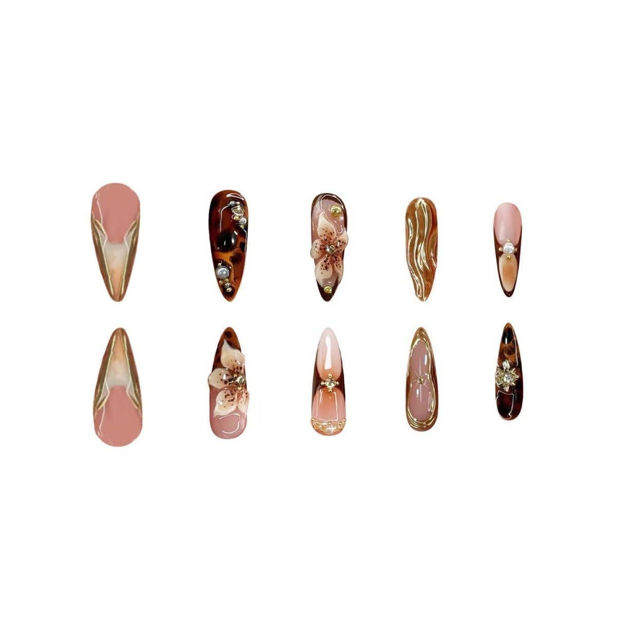 Long Press on Nails Almond Fake Nails Brown False Nails Flowers Artificial Nails with Gold Charm Designs Summer Handmade Nails 3D Floral Stick on Nails for Women 24pcs