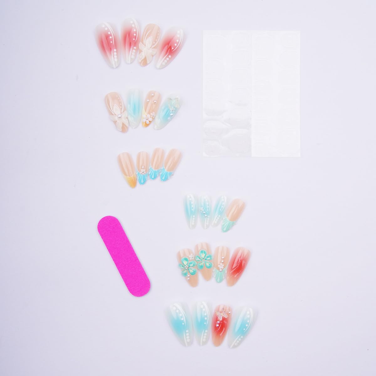 24Pcs Summer Press on Nails Medium Almond Fake Nails French Tip False Nails with Flower Butterfly Design Glossy Blue Gradient Acrylic Nails Beach Stick on Nails 3D Water Ripple Glue on Nails for Women