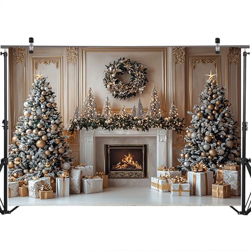 Mocsicka Christmas Fireplace Backdrop Gold Christmas Tree Fireplace Background Photography Decorations Christmas Eve Background Photo Props (8x6ft) - size: 8x6ft