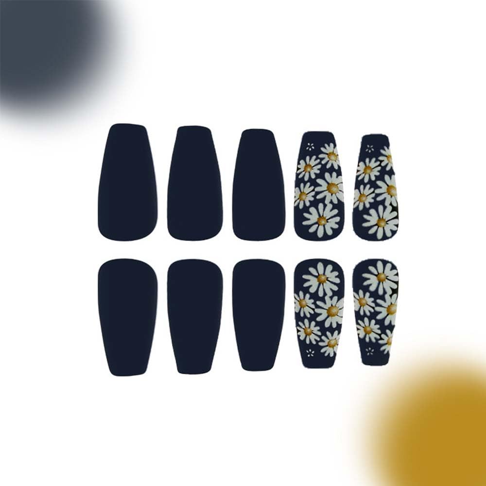 Coffin Press On Nails Medium Fake Nails Black False Nails With Daisy Design Flower Glue On Nails Full Cover Acrylic Artificial Reusable Stick On Nail For Women Manicure Art 24pcs