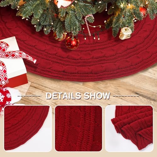 Knitted Christmas Tree Skirt,48 Inch Knit Christmas Tree Skirt Red Burgundy Tree Skirt Cable Knit Xmas Tree Skirt for Holiday Decoration