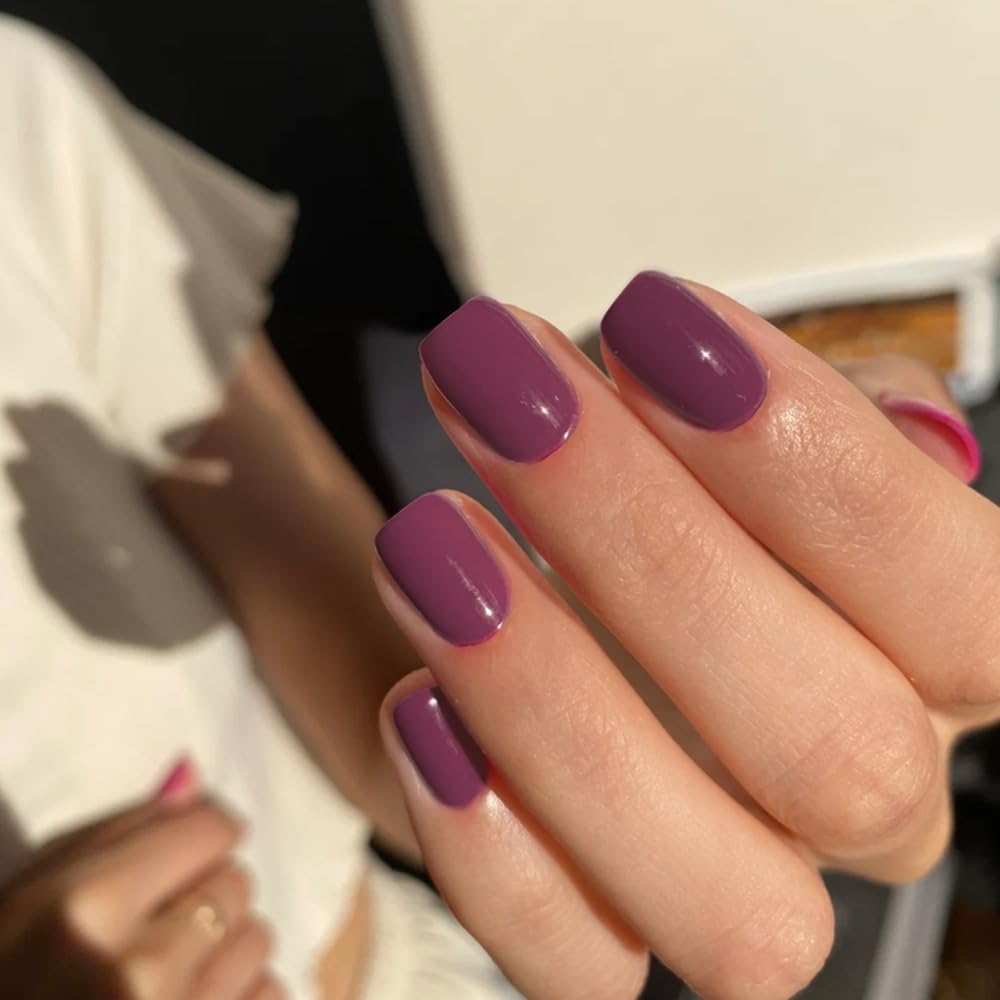 Plum Press on Nails Short Square, Acrylic Fake Nails Glue on Short Square Nails Press ons, Soft Gel Glue on Nail Stick on for Women Thick Solid Color 24pcs