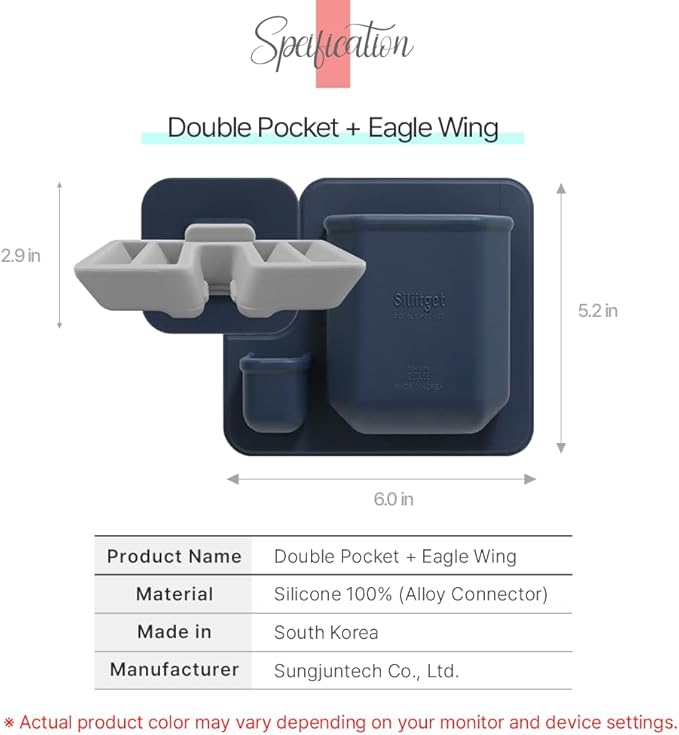 Silicone Wall Mounted Organizer - Made in Korea, BPA Free - Storage with Hook - Bathroom and Living Room, Remote Control & Shower Caddy (Eagle Wing(Navy), Poket Holder(Navy))