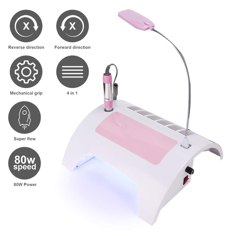5 in 1 Nail Dust Collector with Drill, 60W Electric Nail Vacuum Dust Collector Extractor Nail Dust Cleaner Manicure Light Hand Rest Pillow Dust Suction Machine for Manicure Pedicure (US)